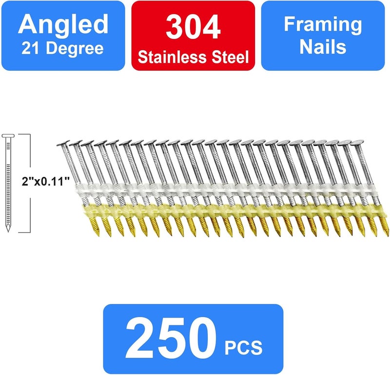 SimCos Framing Nails 304 Stainless Steel 21° Full Round Head Nail 21 Degree Ring Shank Nail for Pneumatic, Electric 21 degree Framing Nailer (2" - 250 pcs) - Image 3